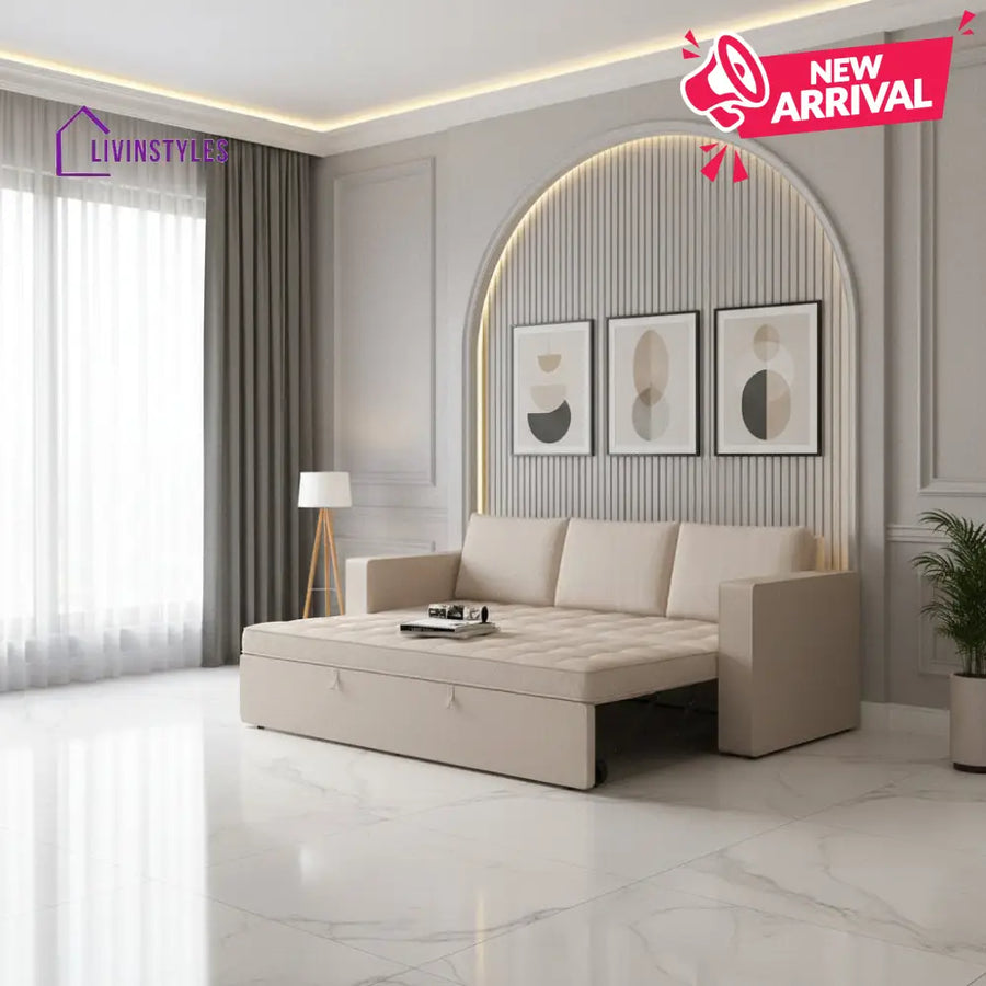 Mario Three Seater Upholstered Sofa Cum Bed Velvet - 12 Months Warranty - CREAM - Seasame - Sofa Cum Bed