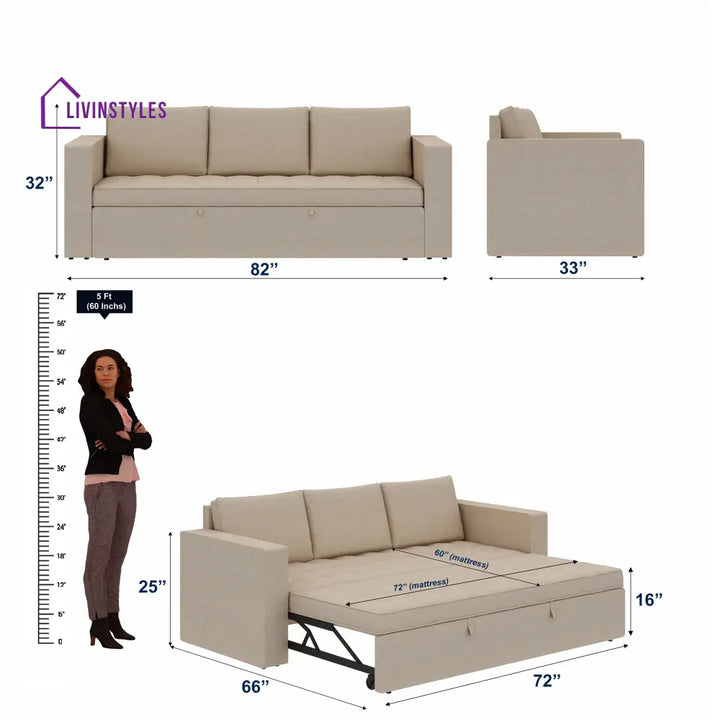 Mario Three Seater Upholstered Sofa Cum Bed Velvet - 12 Months Warranty - CREAM - Seasame - Sofa Cum Bed