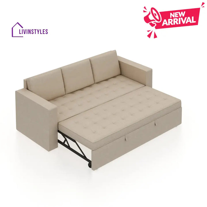 Mario Three Seater Upholstered Sofa Cum Bed Velvet - 12 Months Warranty - CREAM - Seasame - Sofa Cum Bed