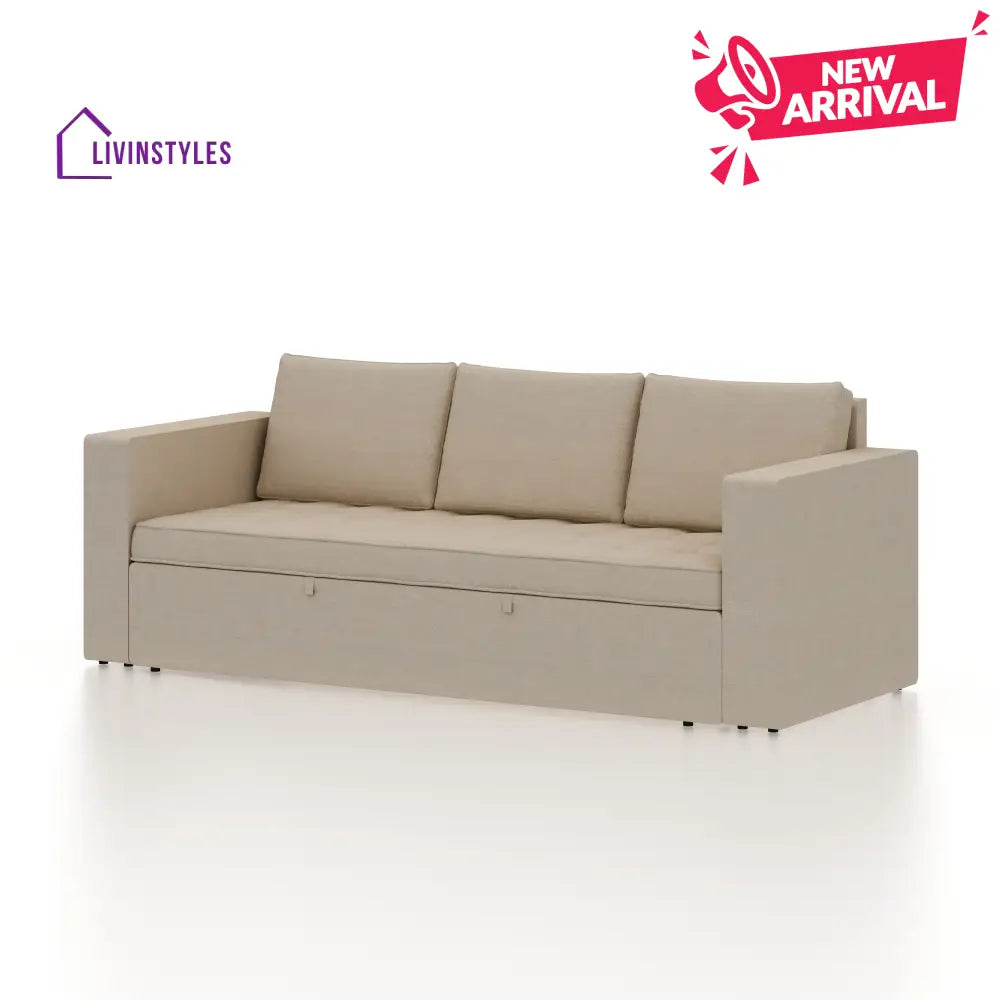 Mario Three Seater Upholstered Sofa Cum Bed Velvet - 12 Months Warranty - CREAM - Seasame - Sofa Cum Bed