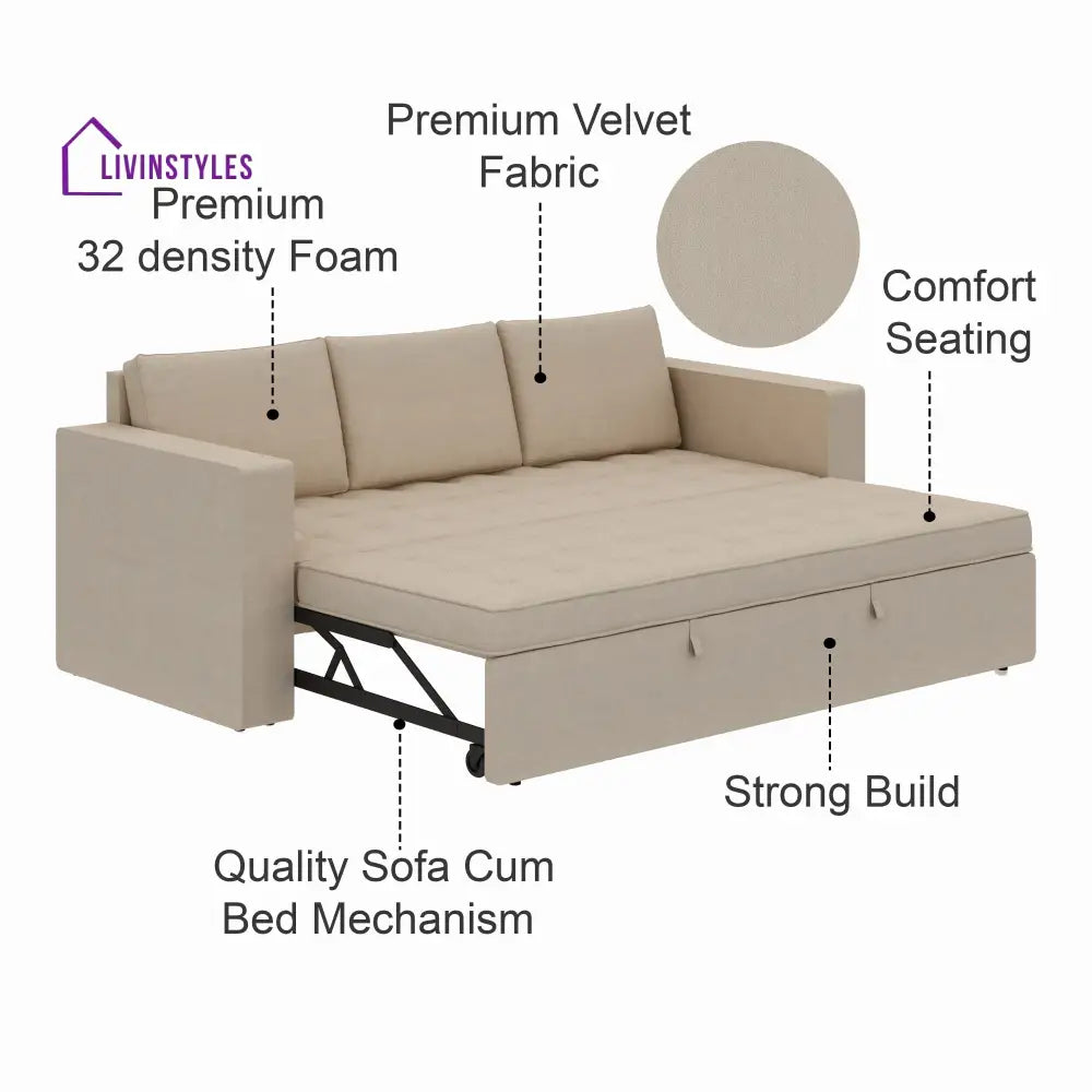 Mario Three Seater Upholstered Sofa Cum Bed Velvet - 12 Months Warranty - CREAM - Seasame - Sofa Cum Bed