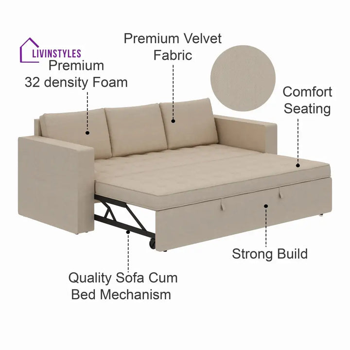 Mario Three Seater Upholstered Sofa Cum Bed Velvet - 12 Months Warranty - CREAM - Seasame - Sofa Cum Bed