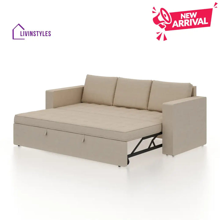 Mario Three Seater Upholstered Sofa Cum Bed Velvet - 12 Months Warranty - CREAM - Seasame - Sofa Cum Bed