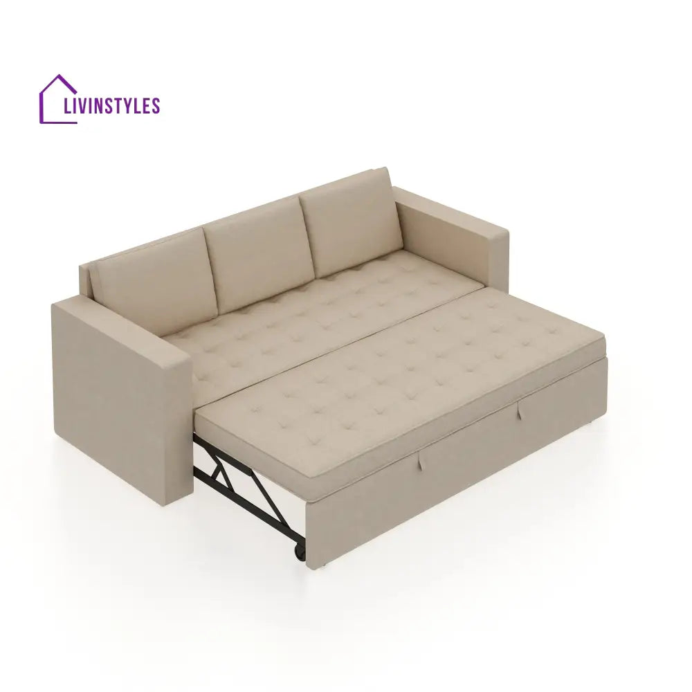 Mario Three Seater Upholstered Sofa Cum Bed Velvet - 12 Months Warranty - CREAM - Seasame - Sofa Cum Bed