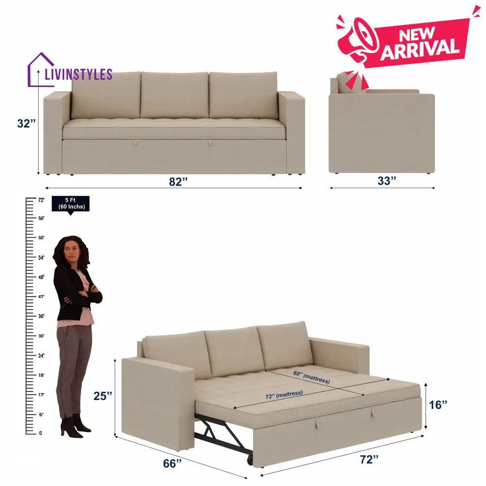 Mario Three Seater Upholstered Sofa Cum Bed Velvet - 12 Months Warranty - CREAM - Seasame - Sofa Cum Bed