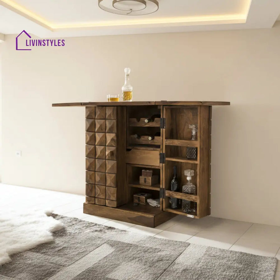 Marko Solid Wood Bar Cabinet L 132 x D 50 x H 89 cm (Opened) L 66 x D 50 x H 92 cm (Compact) / Stone Bar