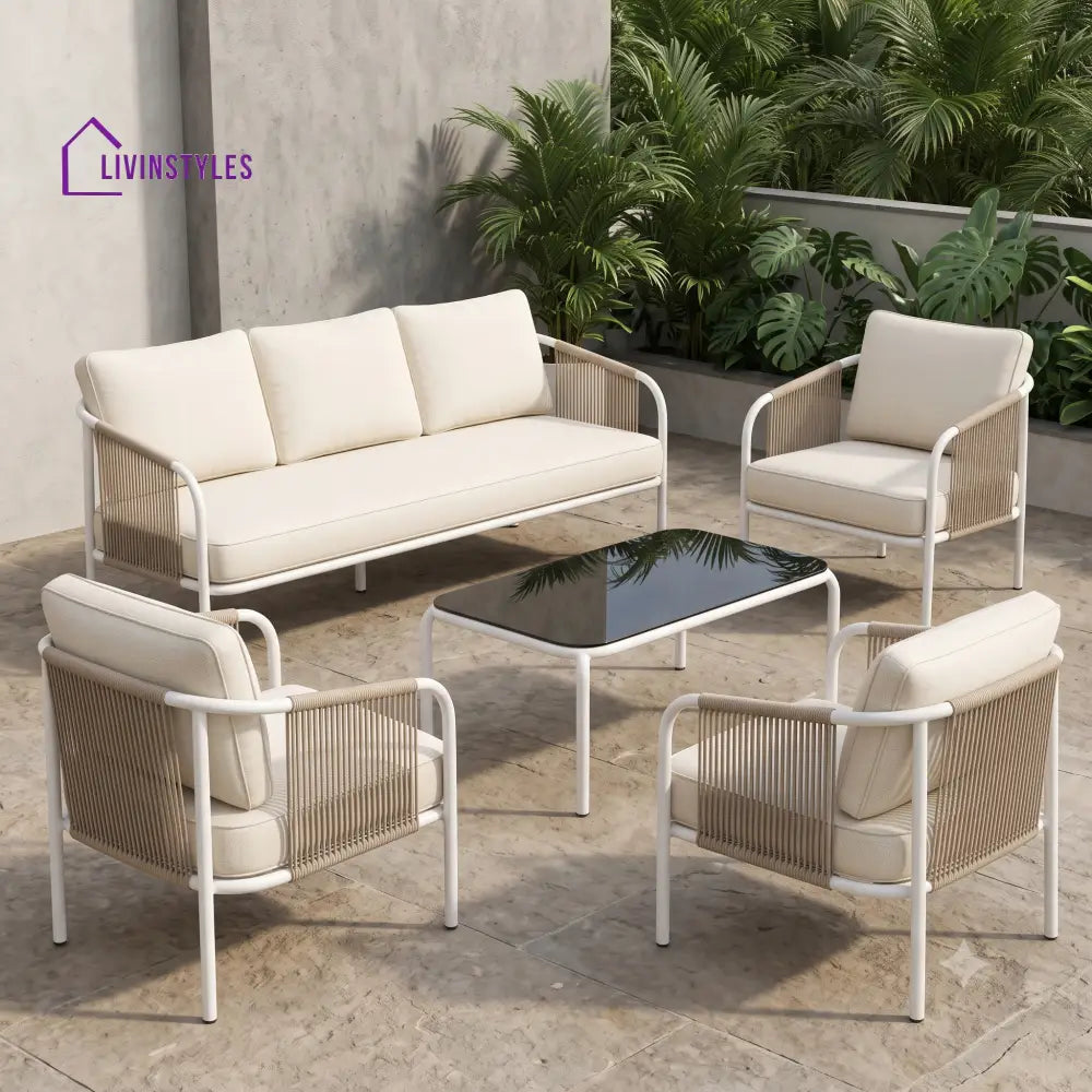Marlene Metal Frame and Rope Weaving Outdoor Sofa Set 3 + 1 +1 and Coffee Table | Premium Uphostery