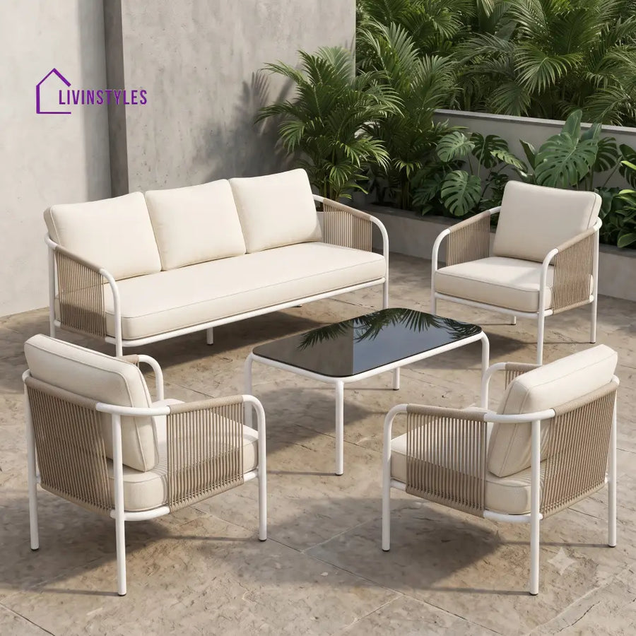 Marlene Metal Frame and Rope Weaving Outdoor Sofa Set 3 + 1 +1 and Coffee Table | Premium Uphostery
