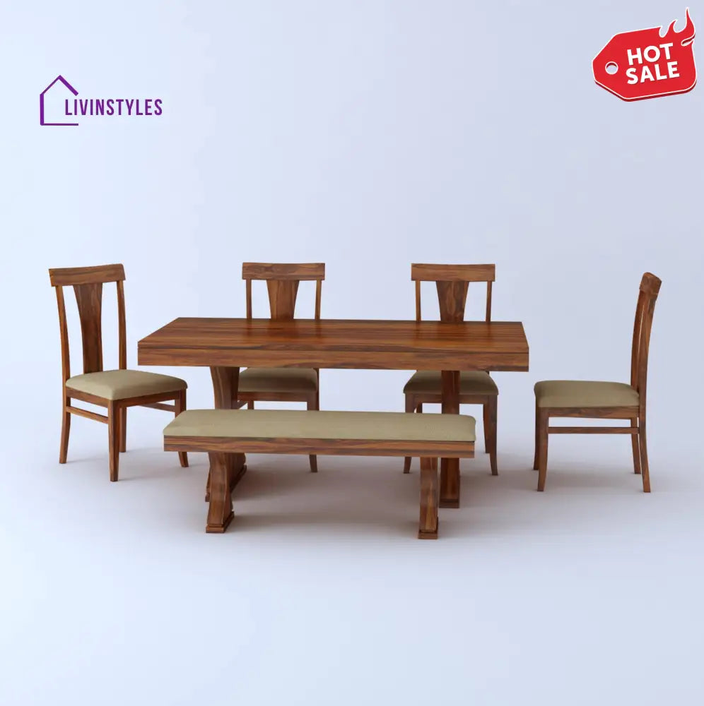 Maron Solid Sheesham Wood 6 Seater Dining Table Set - 1 Year Warranty