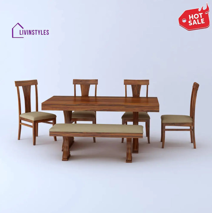 Maron Solid Sheesham Wood 6 Seater Dining Table Set - 1 Year Warranty