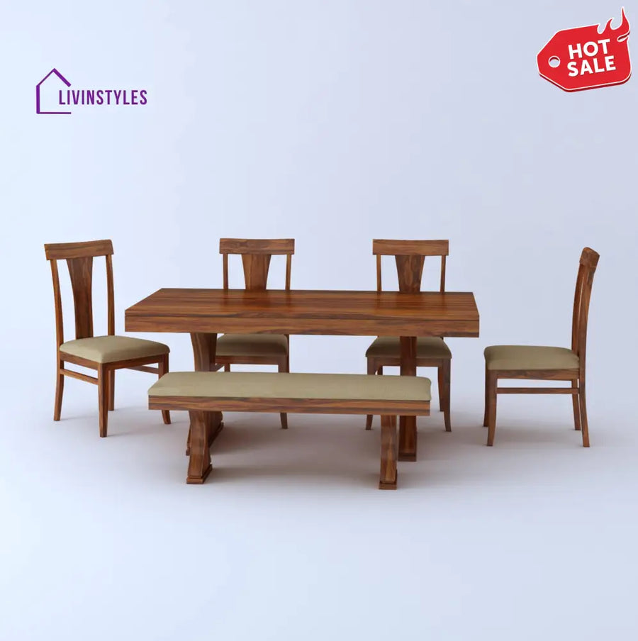 Maron Solid Sheesham Wood 6 Seater Dining Table Set - 1 Year Warranty