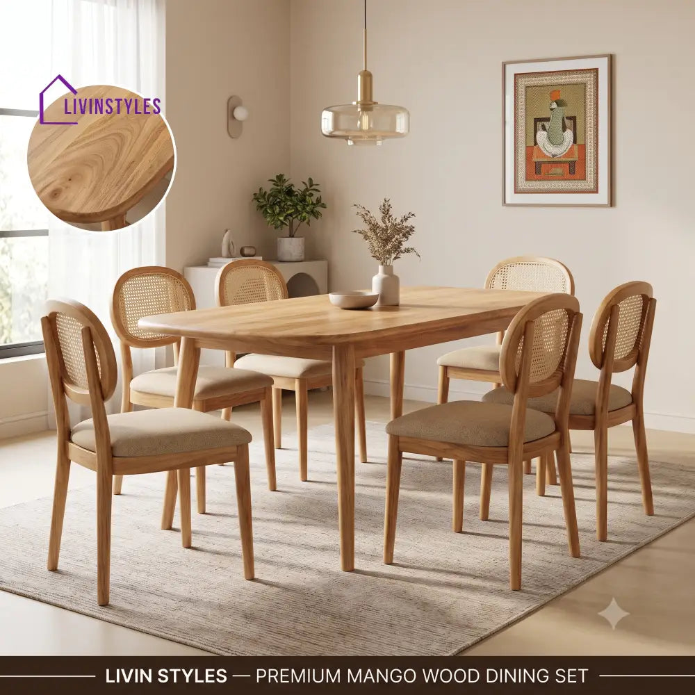 Martin Premium Mango Wood 6 Seater Dining Table Set | Natural Finish