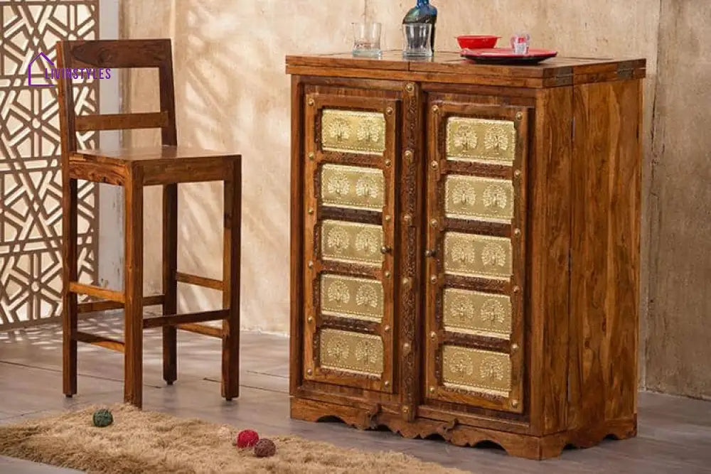 Martina Solid Wood Bar Honey L 188 x D 50 x H 101 cm (Opened) L 94 x D 50 x H 104 cm (Compact) / Honey Bar