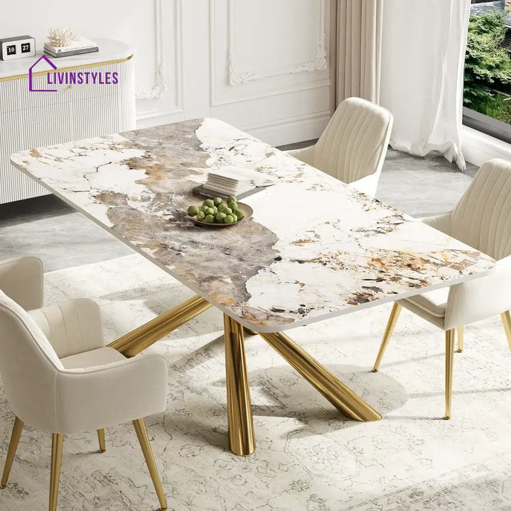 Masha Stainless Steel 6 Seater Dining Table Set | Stainless Steel Frame | Marble Top | Premium Upholstery Chairs