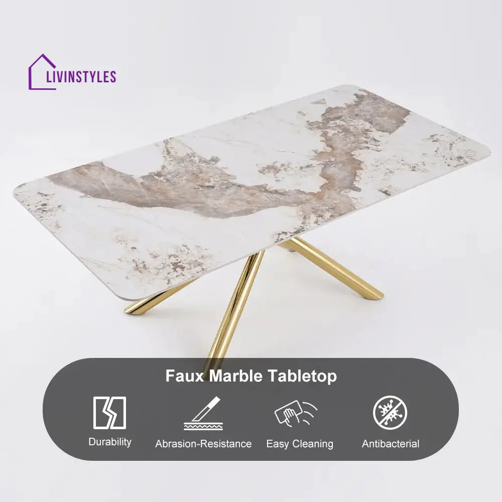 Masha Stainless Steel 6 Seater Dining Table Set | Stainless Steel Frame | Marble Top | Premium Upholstery Chairs