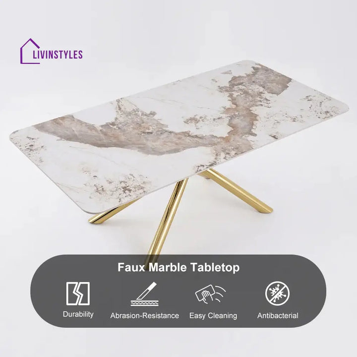 Masha Stainless Steel 6 Seater Dining Table Set | Stainless Steel Frame | Marble Top | Premium Upholstery Chairs