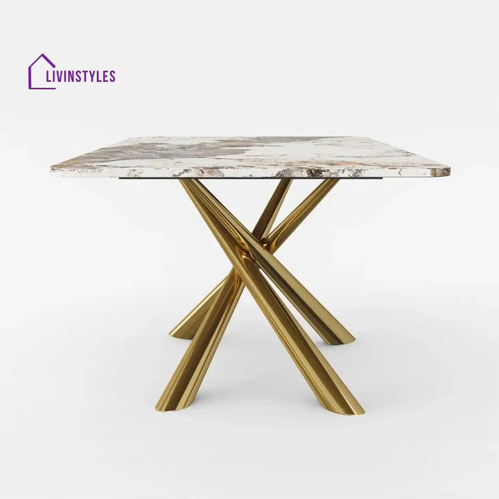 Masha Stainless Steel 6 Seater Dining Table Set | Stainless Steel Frame | Marble Top | Premium Upholstery Chairs