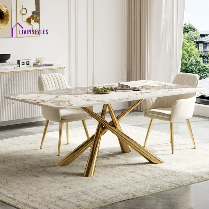 Masha Stainless Steel 6 Seater Dining Table Set | Stainless Steel Frame | Marble Top | Premium Upholstery Chairs