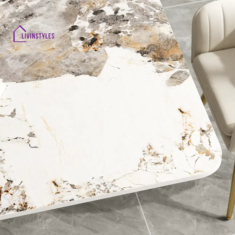 Masha Stainless Steel 6 Seater Dining Table Set | Stainless Steel Frame | Marble Top | Premium Upholstery Chairs