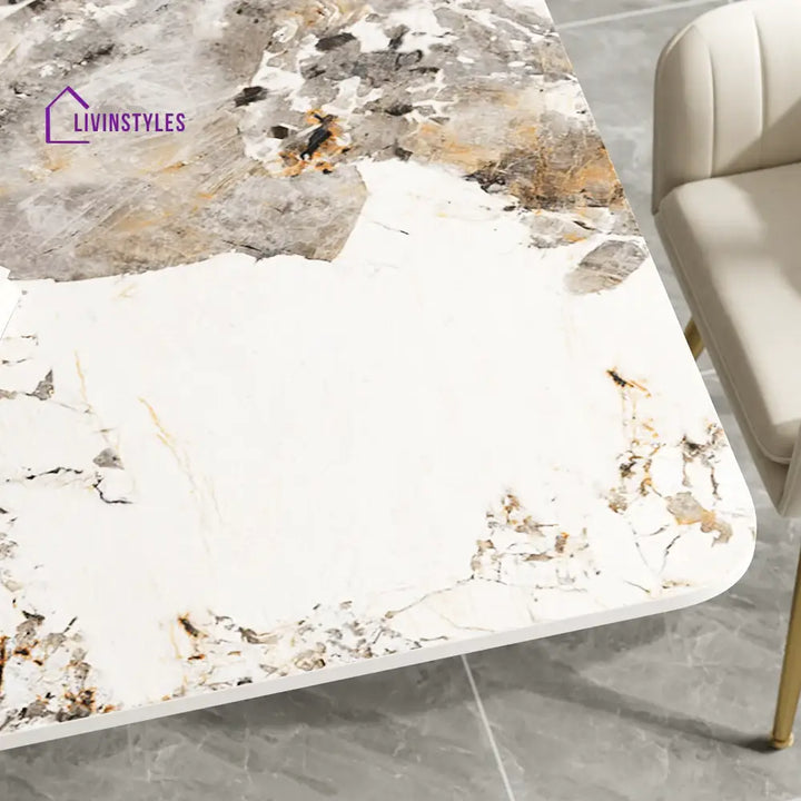 Masha Stainless Steel 6 Seater Dining Table Set | Stainless Steel Frame | Marble Top | Premium Upholstery Chairs