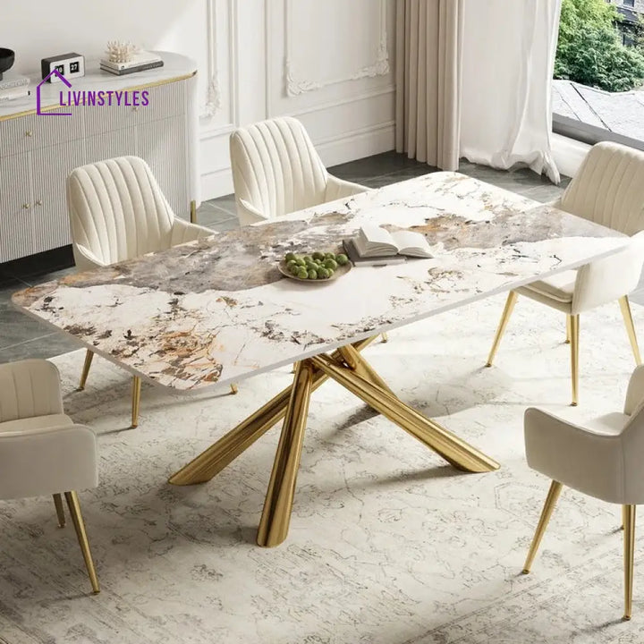 Masha Stainless Steel 6 Seater Dining Table Set | Stainless Steel Frame | Marble Top | Premium Upholstery Chairs