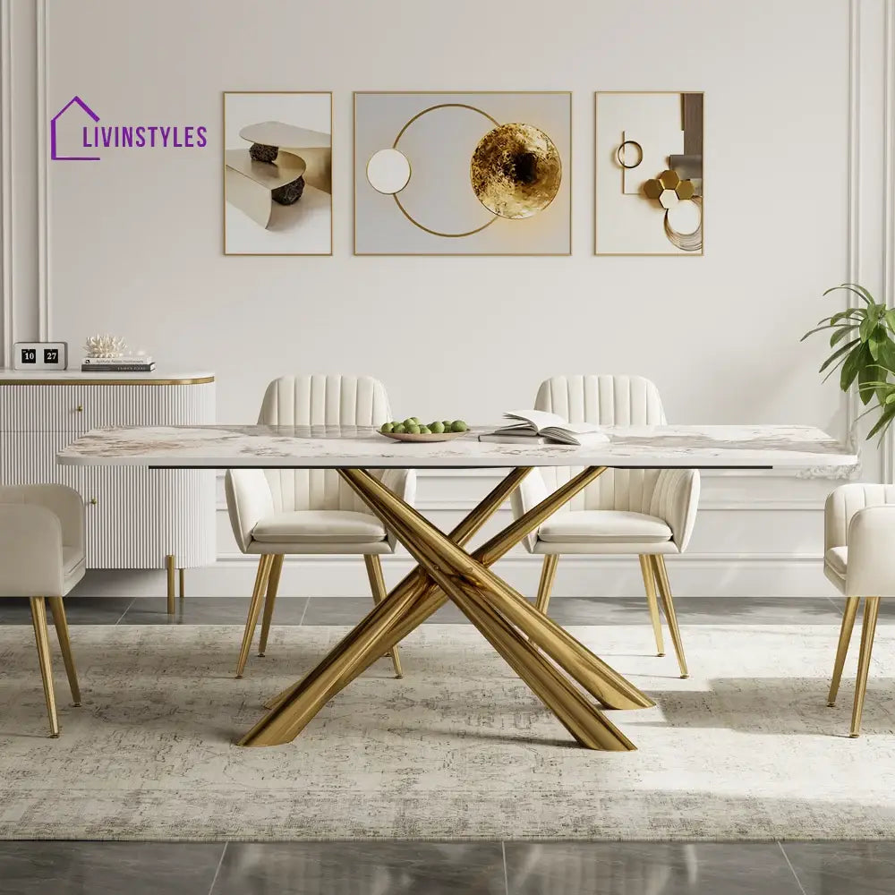 Masha Stainless Steel 6 Seater Dining Table Set | Stainless Steel Frame | Marble Top | Premium Upholstery Chairs