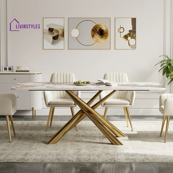 Masha Stainless Steel 6 Seater Dining Table Set | Stainless Steel Frame | Marble Top | Premium Upholstery Chairs