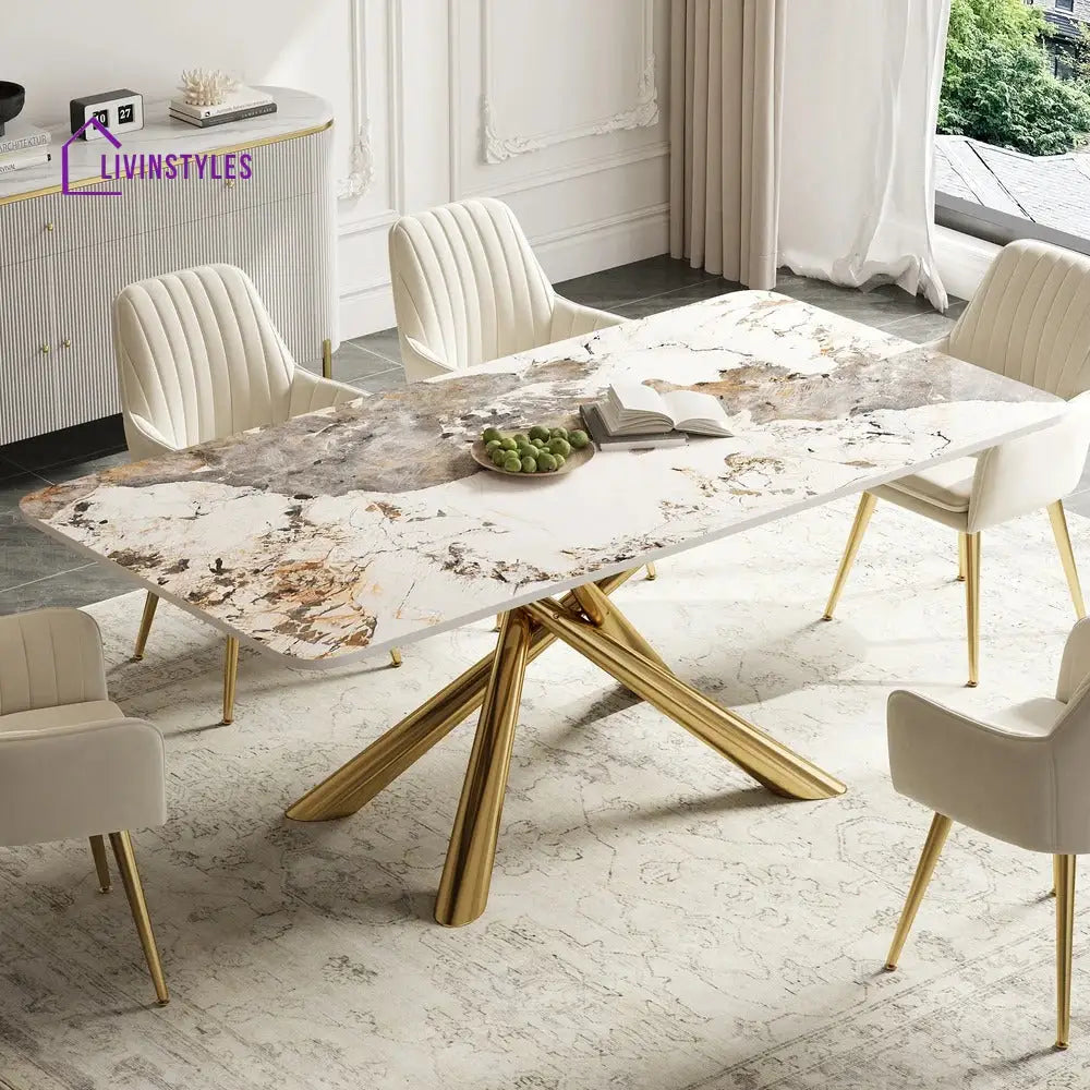 Masha Stainless Steel 6 Seater Dining Table Set | Stainless Steel Frame | Marble Top | Premium Upholstery Chairs