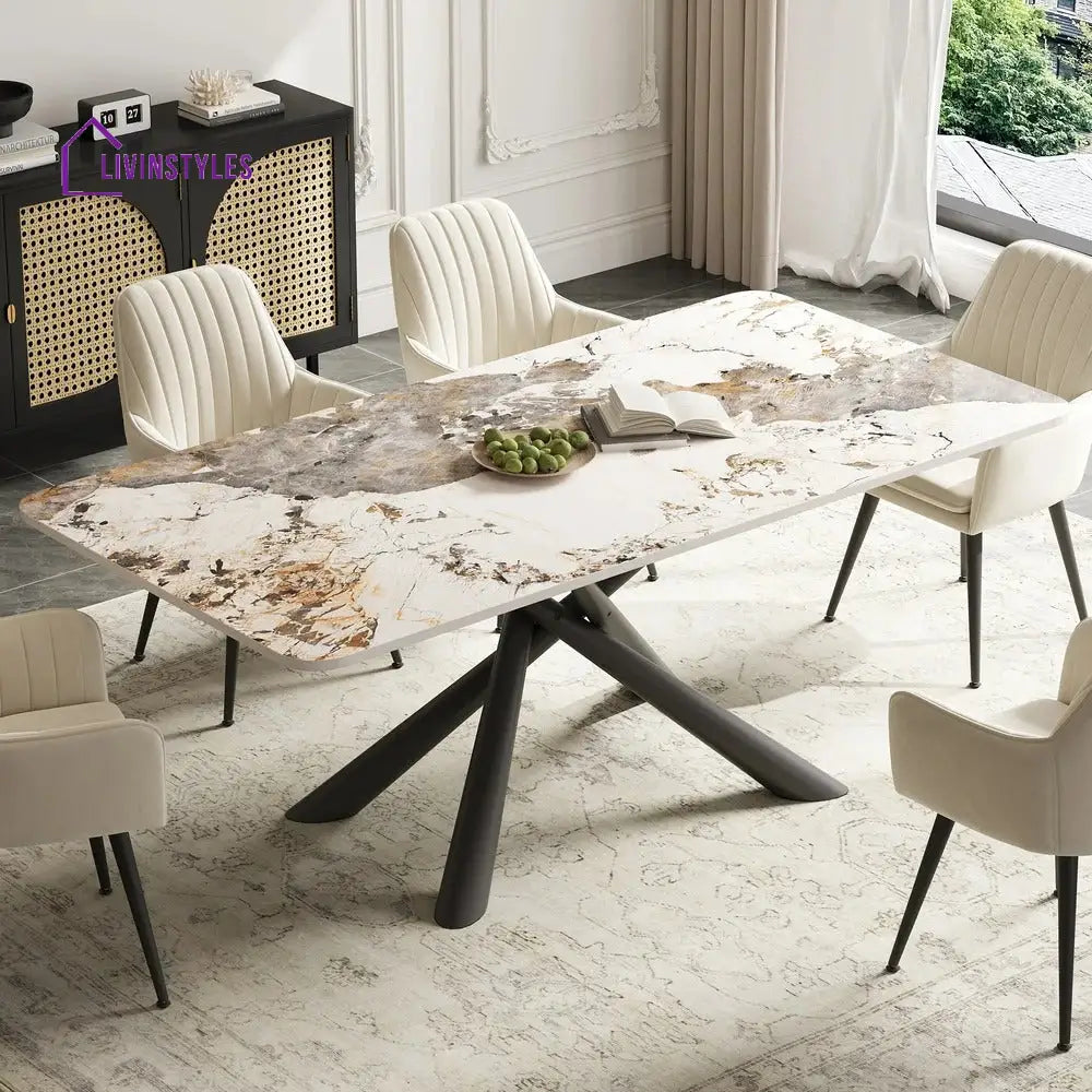 Masha Stainless Steel 6 Seater Dining Table Set | Stainless Steel Frame | Marble Top | Premium Upholstery Chairs - Black