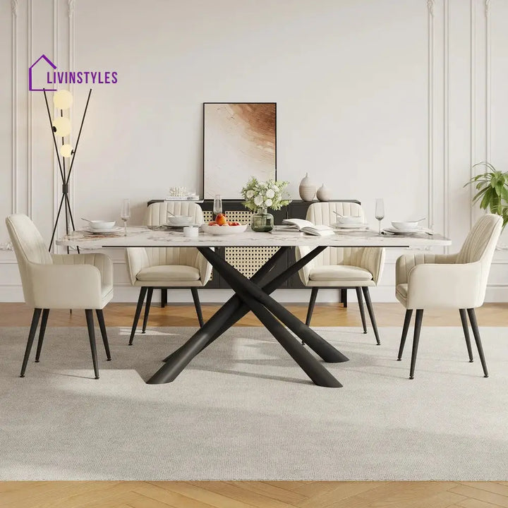 Masha Stainless Steel 6 Seater Dining Table Set | Stainless Steel Frame | Marble Top | Premium Upholstery Chairs - Black
