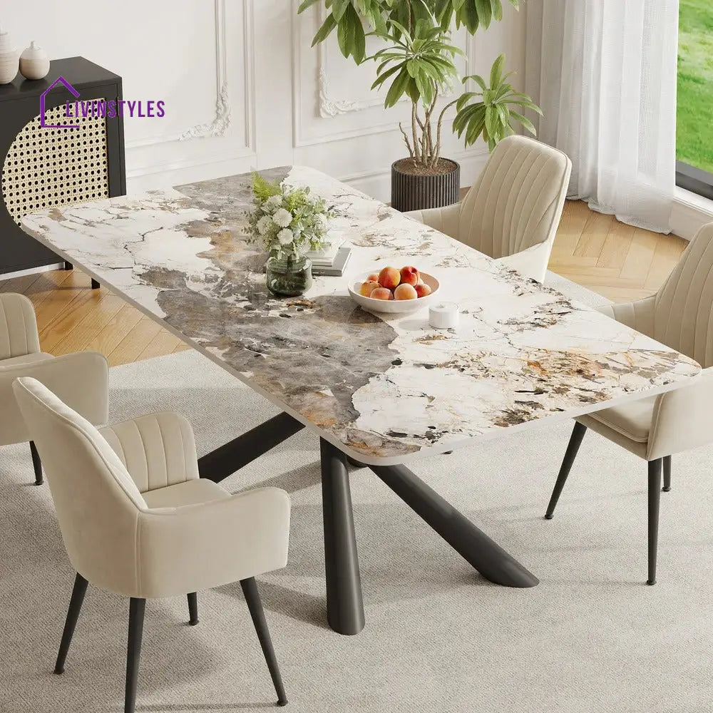 Masha Stainless Steel 6 Seater Dining Table Set | Stainless Steel Frame | Marble Top | Premium Upholstery Chairs - Black