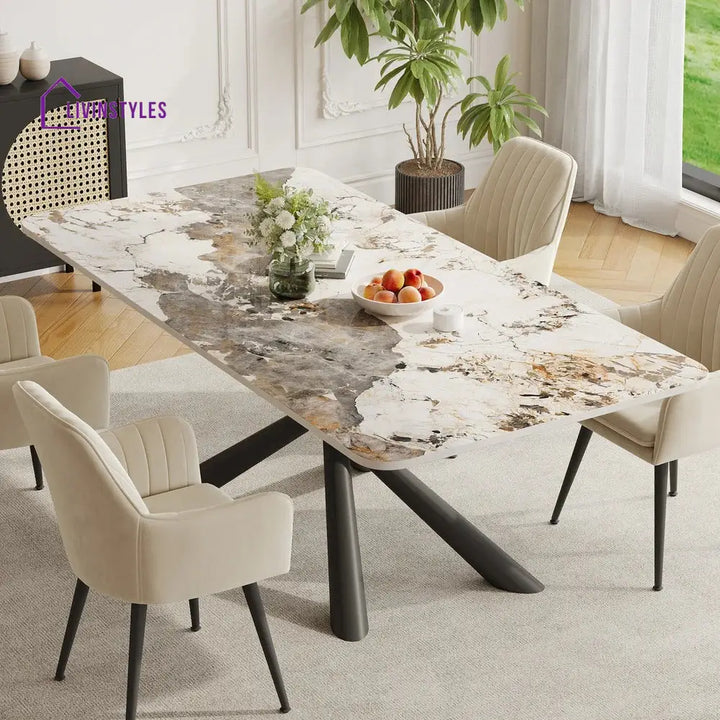 Masha Stainless Steel 6 Seater Dining Table Set | Stainless Steel Frame | Marble Top | Premium Upholstery Chairs - Black