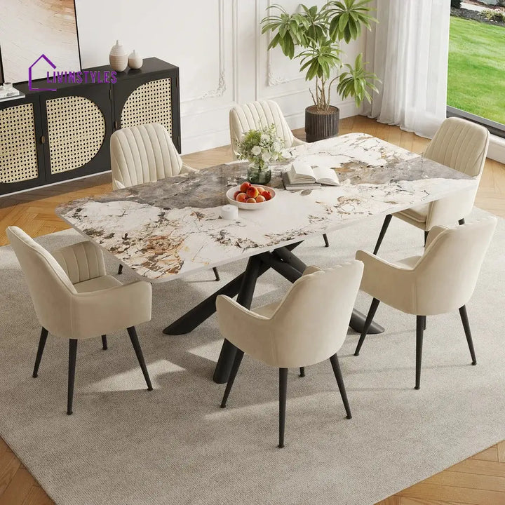Masha Stainless Steel 6 Seater Dining Table Set | Stainless Steel Frame | Marble Top | Premium Upholstery Chairs - Black