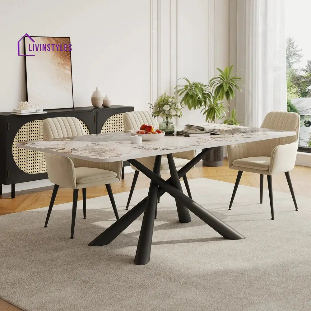 Masha Stainless Steel 6 Seater Dining Table Set | Stainless Steel Frame | Marble Top | Premium Upholstery Chairs - Black