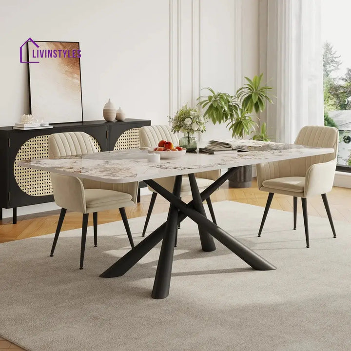 Masha Stainless Steel 6 Seater Dining Table Set | Stainless Steel Frame | Marble Top | Premium Upholstery Chairs - Black