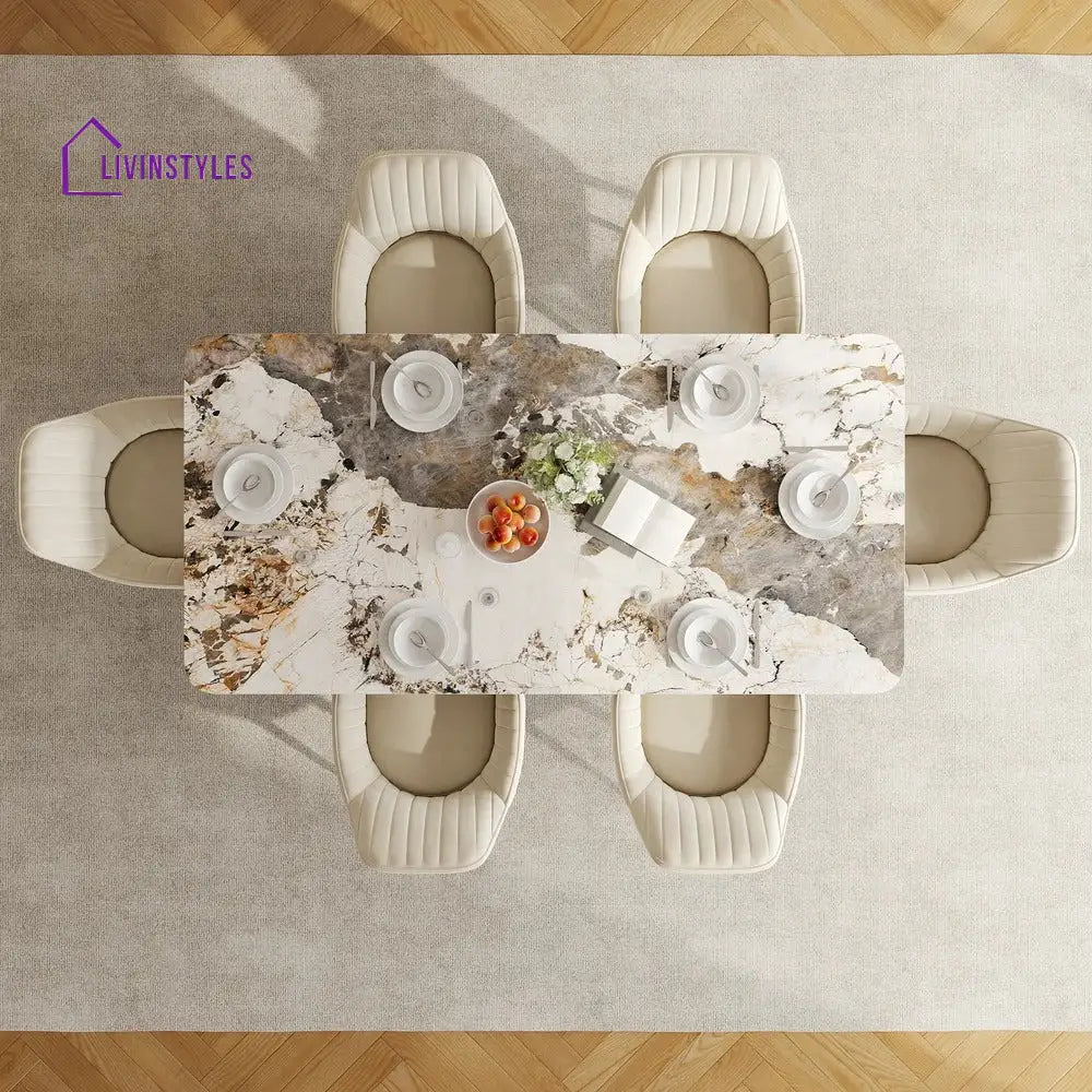 Masha Stainless Steel 6 Seater Dining Table Set | Stainless Steel Frame | Marble Top | Premium Upholstery Chairs - Black