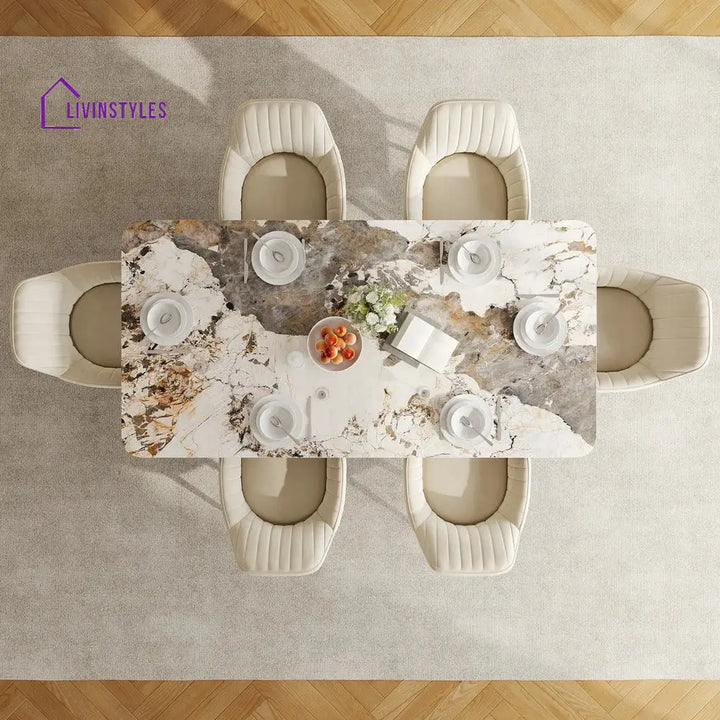 Masha Stainless Steel 6 Seater Dining Table Set | Stainless Steel Frame | Marble Top | Premium Upholstery Chairs - Black