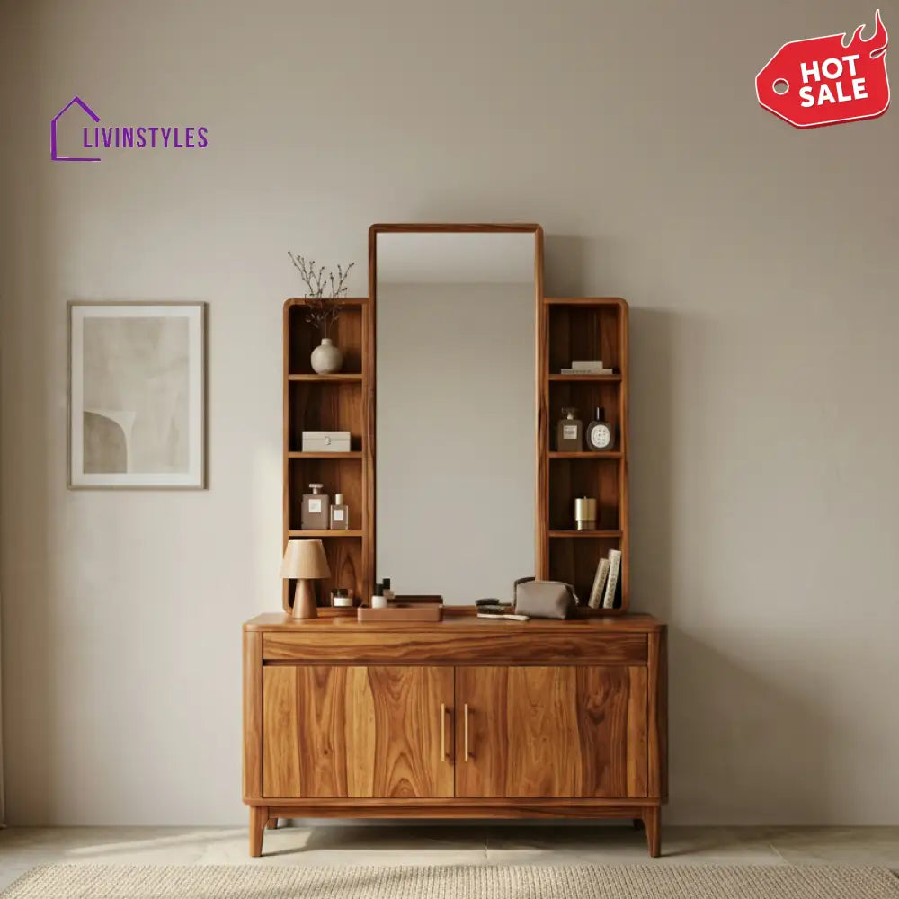 Mason Sheesham Wood Dressing Table with Mirror and Storage (Honey Finish)