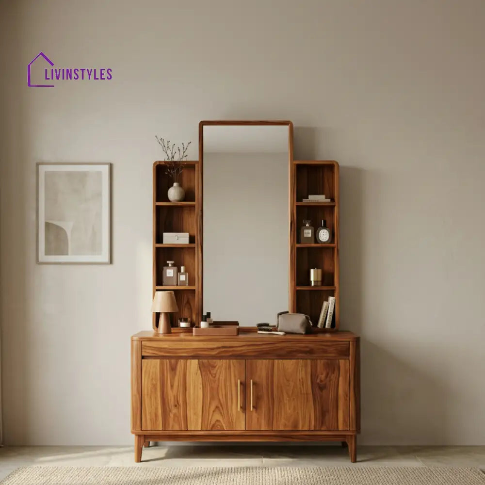 Mason Sheesham Wood Dressing Table with Mirror and Storage (Honey Finish)