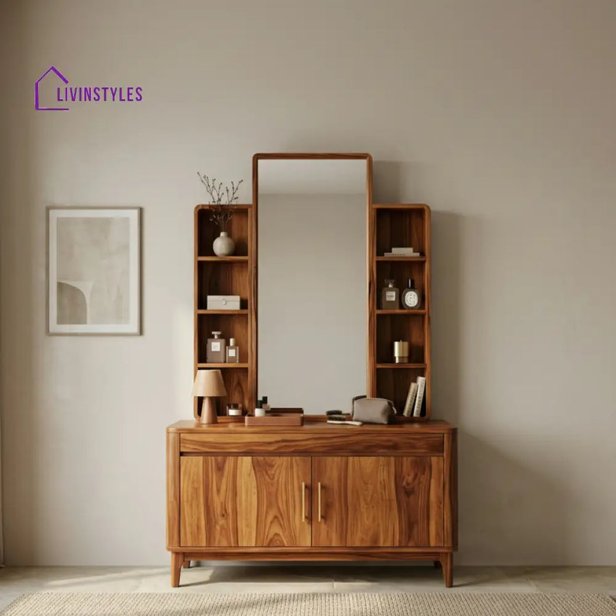 Mason Sheesham Wood Dressing Table with Mirror and Storage (Honey Finish)