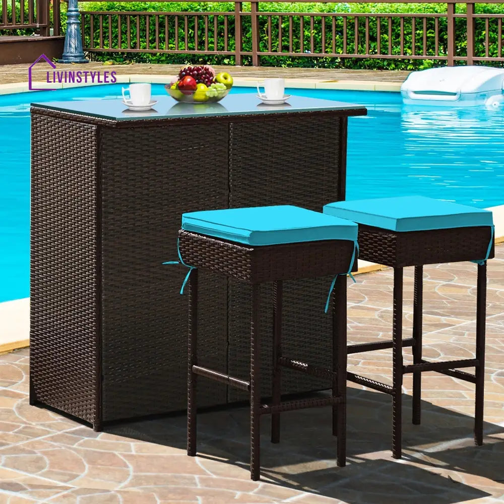 Massimo Outdoor Patio Bar Sets 2 Stools and 1 Table (Dark Brown) - Blue - Bar Sets