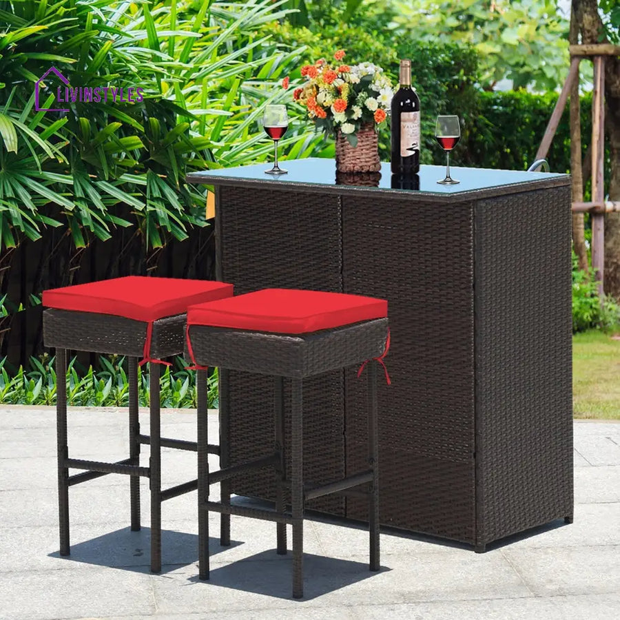 Massimo Outdoor Patio Bar Sets 2 Stools and 1 Table (Dark Brown) - Red - Bar Sets