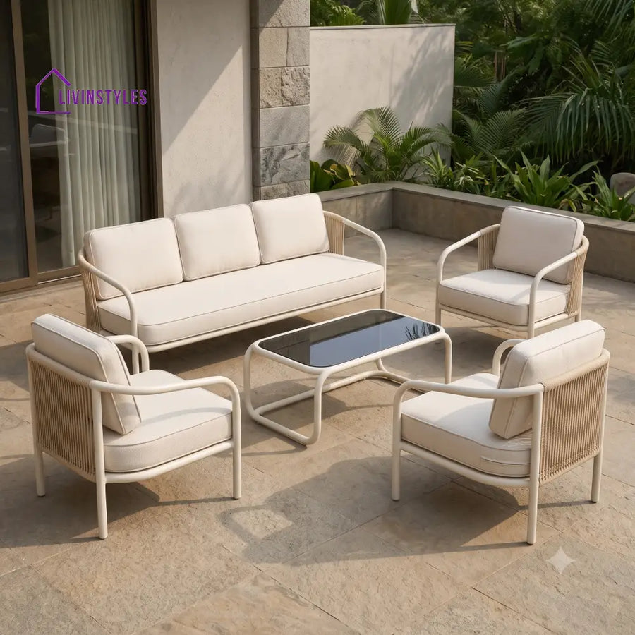 Mathilde Metal Frame and Rope Weaving Outdoor Sofa Set 3 + 1 +1 and Coffee Table | Premium Uphostery