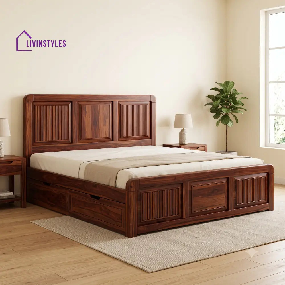 Mathis Premium Wooden Bed with Drawer Storage | King Size Bed & Queen Size Bed Online