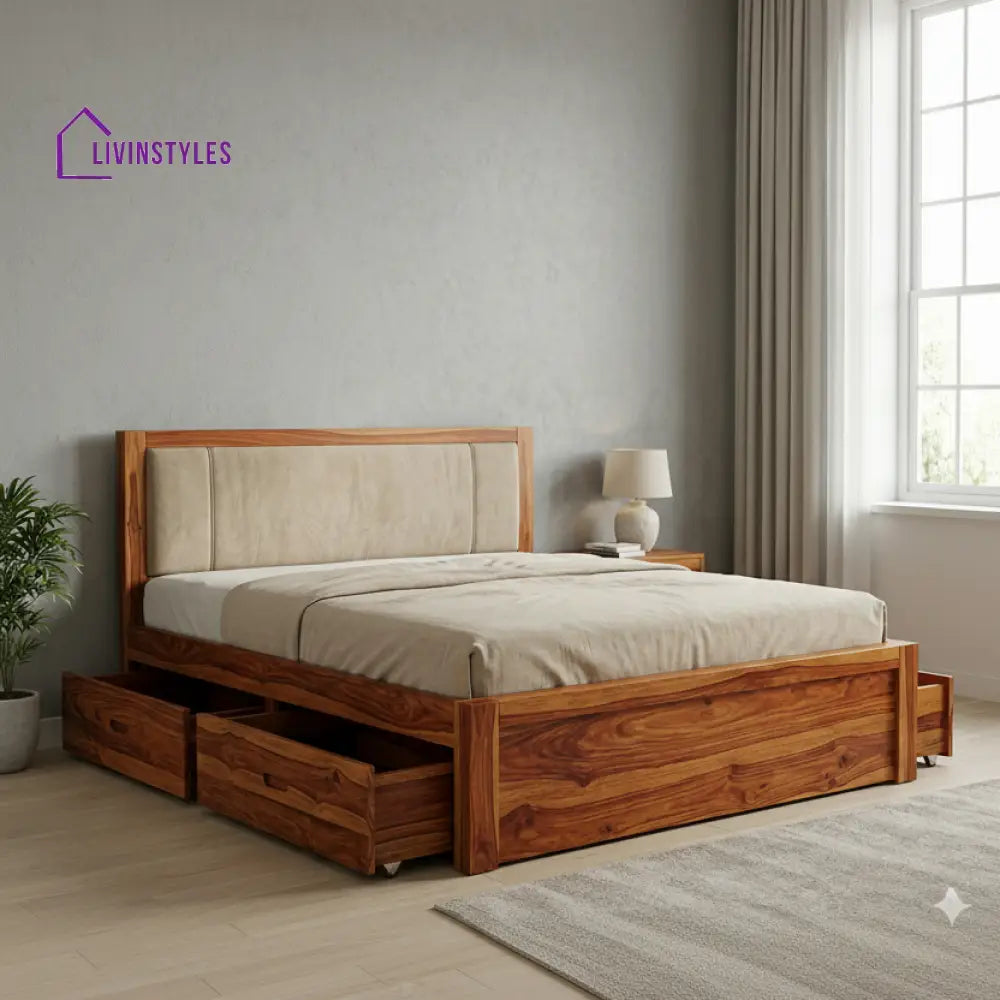 Matilda Premium Sheesham Wood Bed with Fabric Headboard