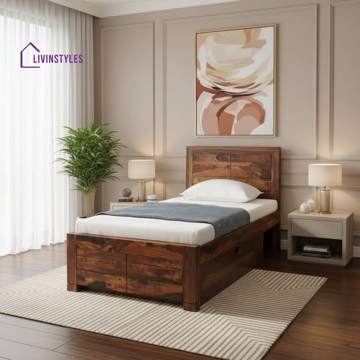 Moscow Sheesham Wood Single Storage Beds With Drawer Natural Bedroom Furniture Sets