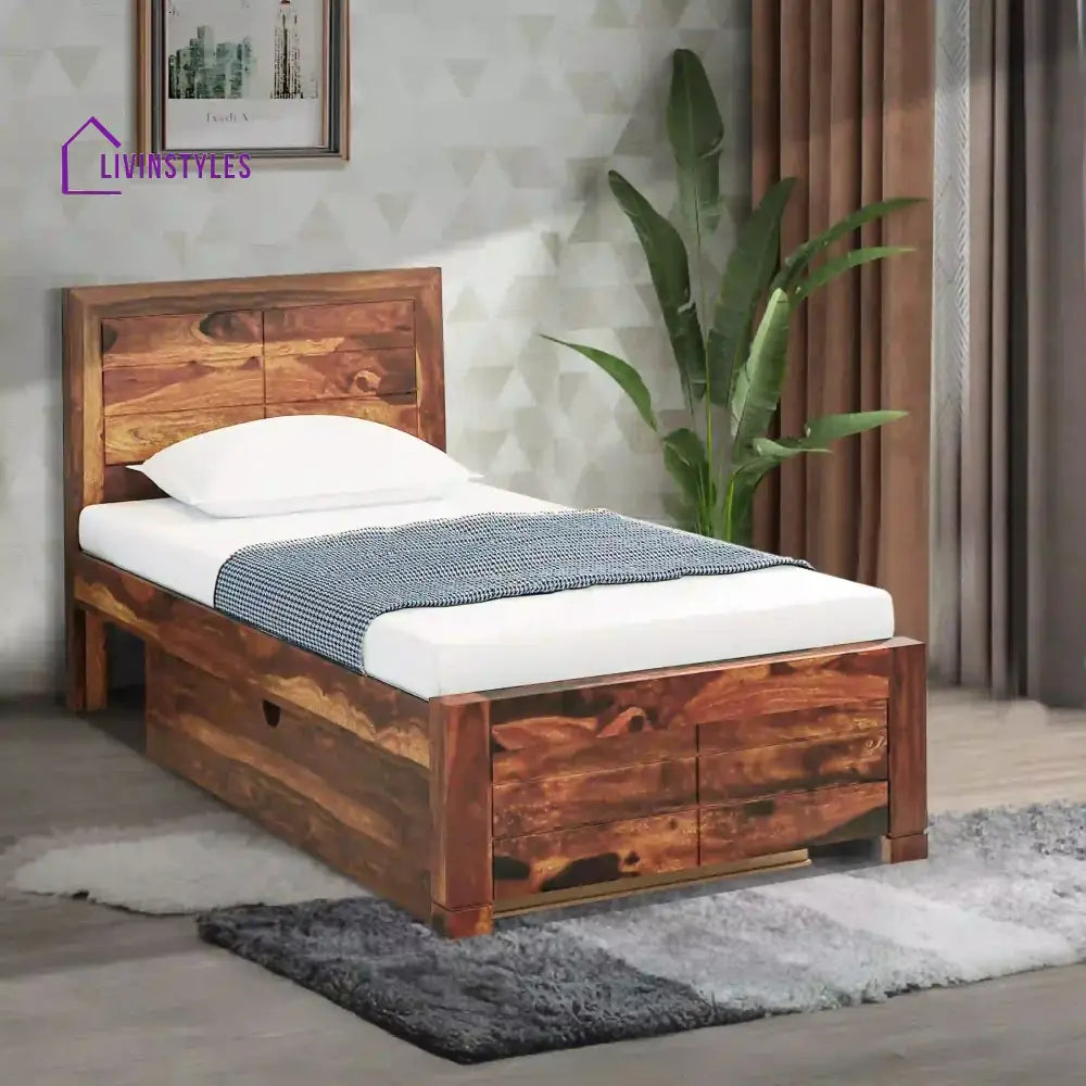 Moscow Sheesham Wood Single Storage Beds With Drawer Natural Bedroom Furniture Sets