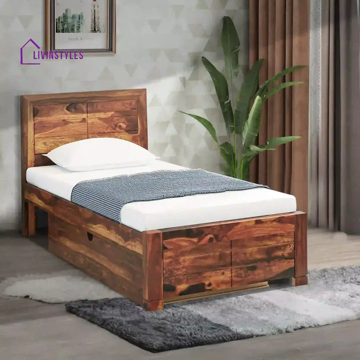 Moscow Sheesham Wood Single Storage Beds With Drawer Natural Bedroom Furniture Sets