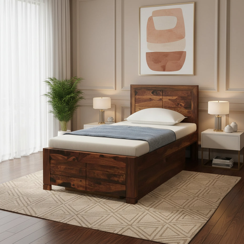 Moscow Sheesham Wood Single Storage Beds With Drawer Teak Bedroom Furniture Sets