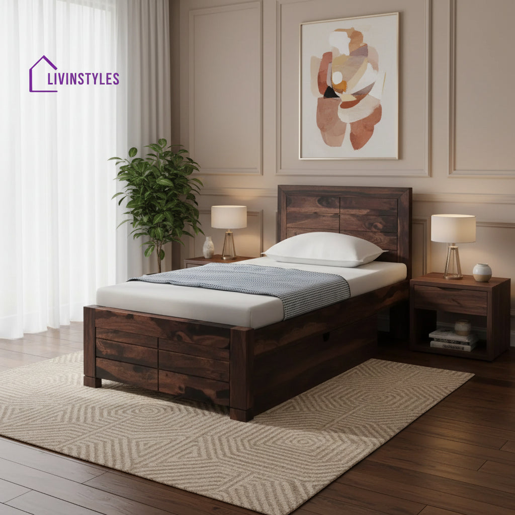 Moscow Sheesham Wood Single Storage Beds With Drawer Walnut Bedroom Furniture Sets